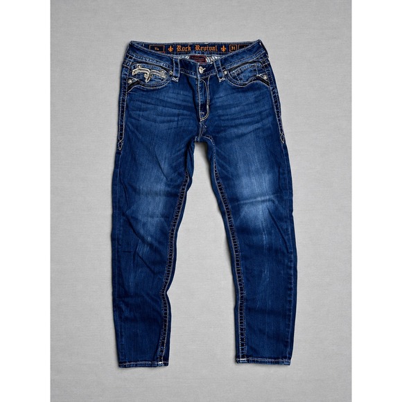 Rock Revival Denim - Rock Revival Tia Jeans Women's 31 Blue Denim Mid Rise Skinny Embellished Pockets